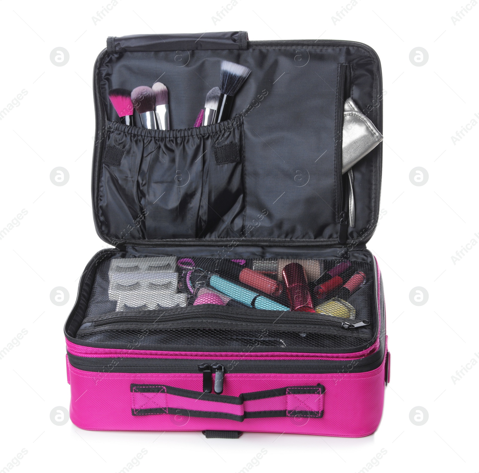 Photo of Stylish case with makeup products and beauty accessories on white background