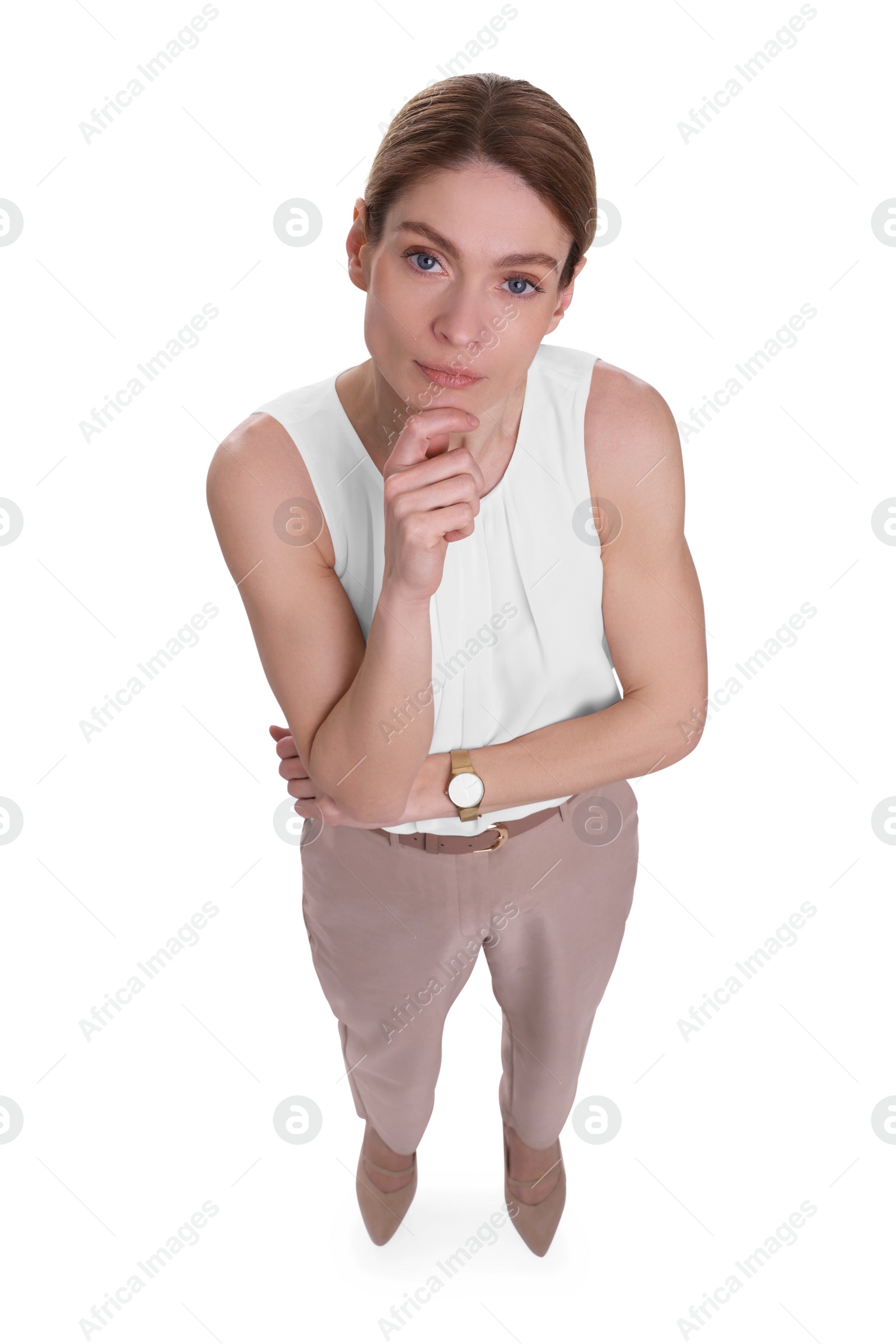 Photo of Beautiful businesswoman on white background, above view