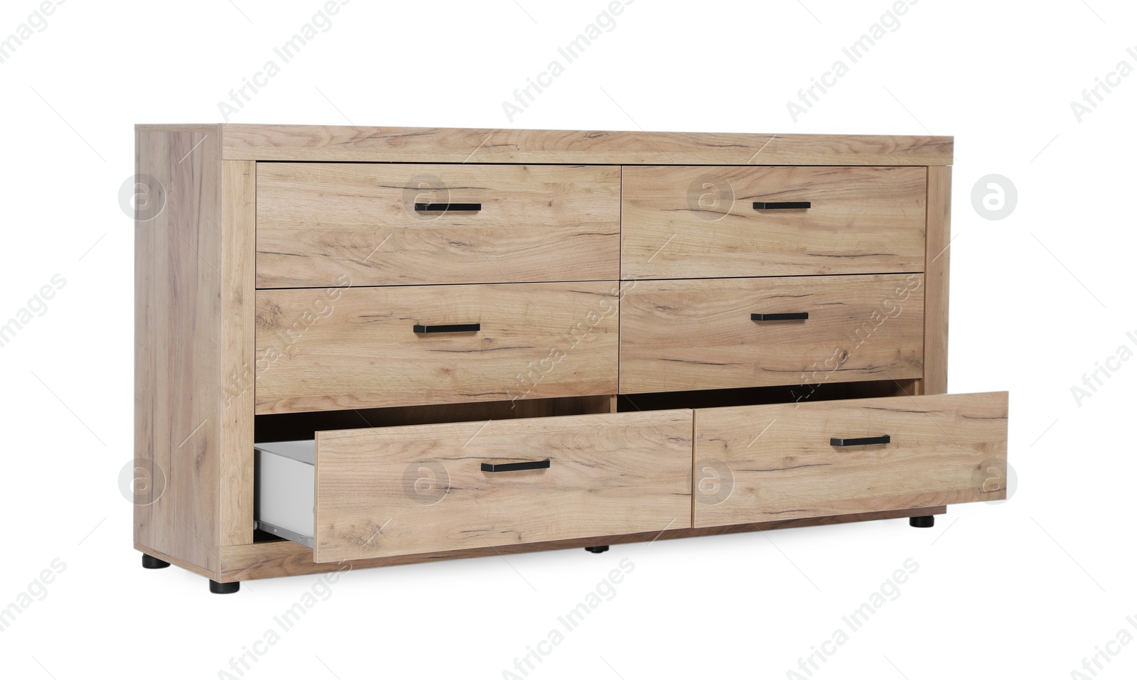 Photo of New wooden chest of drawers isolated on white