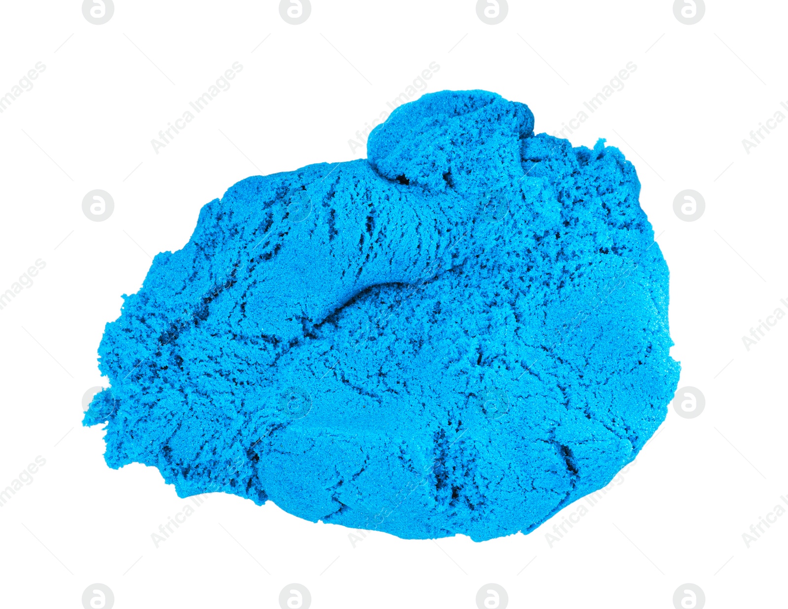 Photo of Pile of blue kinetic sand on white background, top view