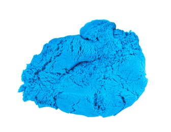 Pile of blue kinetic sand on white background, top view