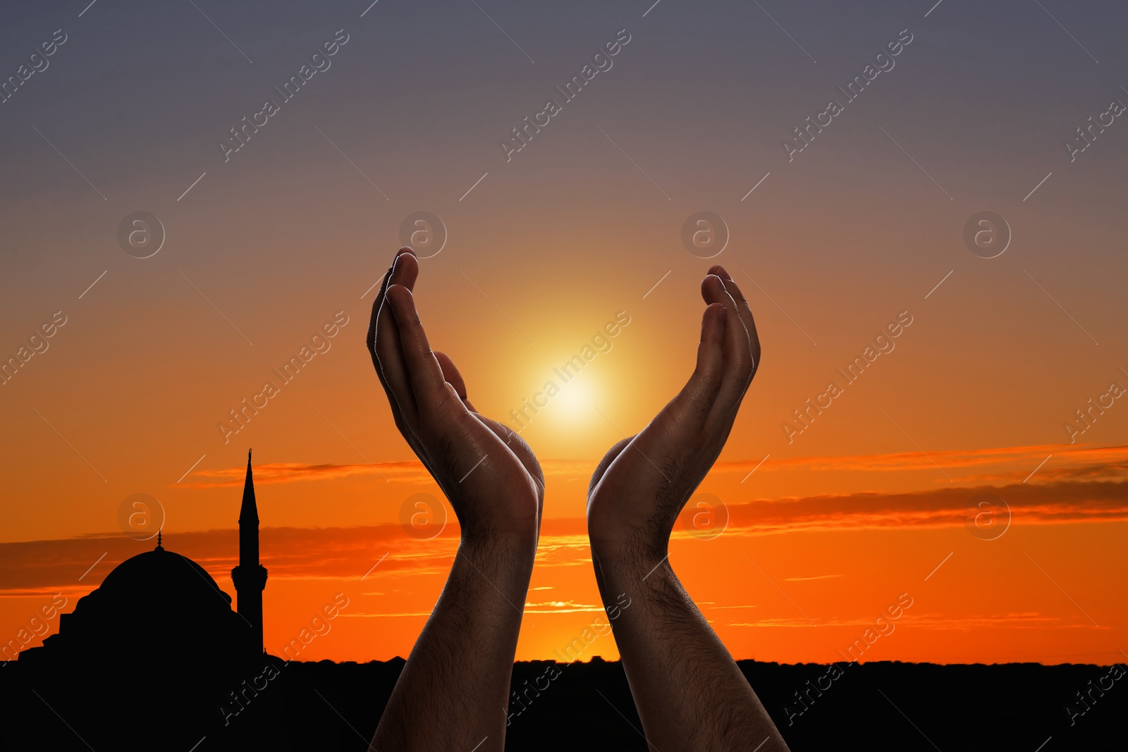 Image of Muslim man praying outdoors at sunset, closeup