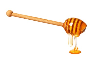 Image of Natural honey dripping from dipper on white background