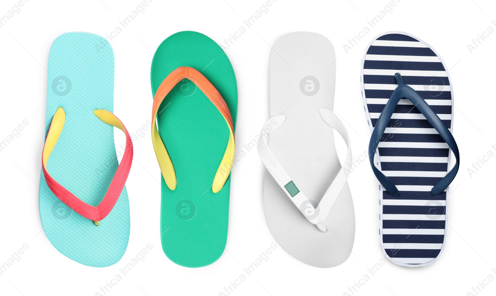 Image of Set with different flip flops on white background, top view