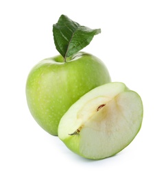 Photo of Cut and whole juicy green apples on white background