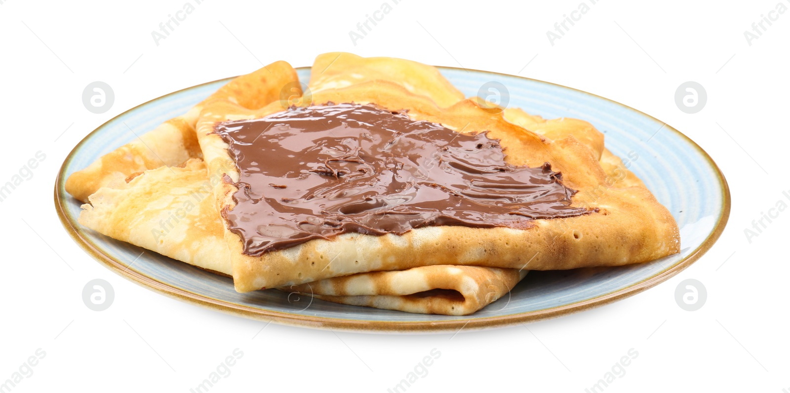 Photo of Tasty crepes with chocolate paste isolated on white