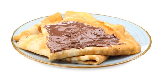 Tasty crepes with chocolate paste isolated on white