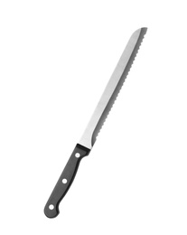 Photo of New clean bread knife on white background