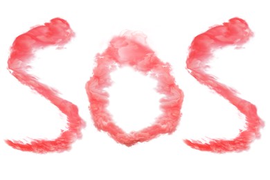 Word SOS made of red smoke on white background