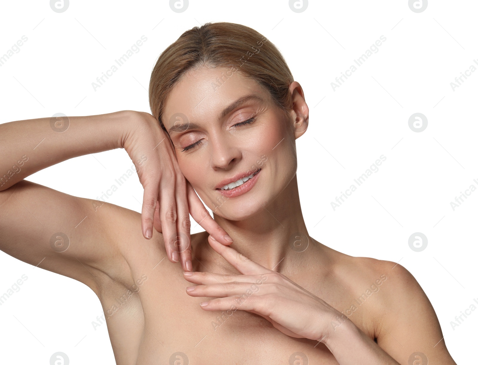 Photo of Beautiful woman with healthy skin on white background