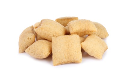 Photo of Heap of sweet crispy corn pads on white background. Breakfast cereal