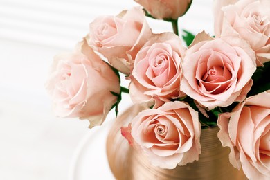 Photo of Beautiful bouquet of rose flowers indoors, closeup. Happy birthday