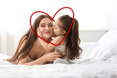 Image of Illustration of red heart and happy mother with little daughter in bedroom