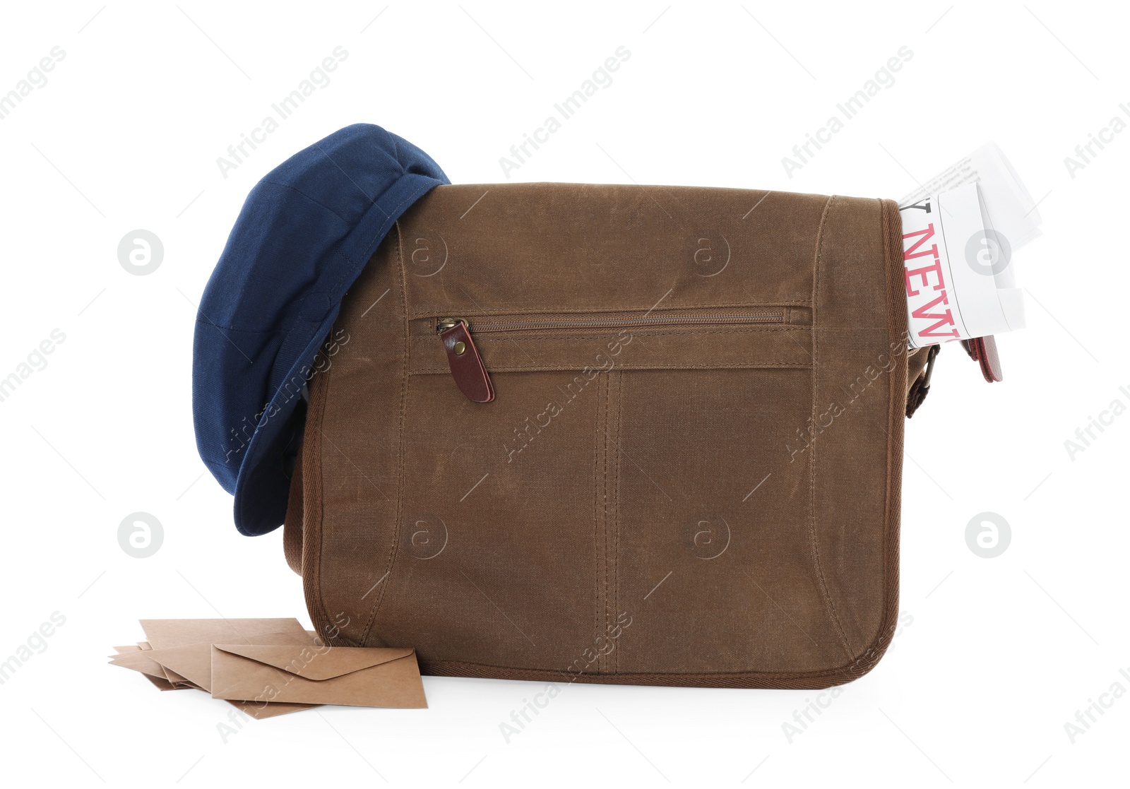 Photo of Brown postman's bag with newspapers, hat and envelopes on white background