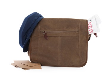 Brown postman's bag with newspapers, hat and envelopes on white background