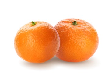 Image of Two tasty ripe tangerines on white background