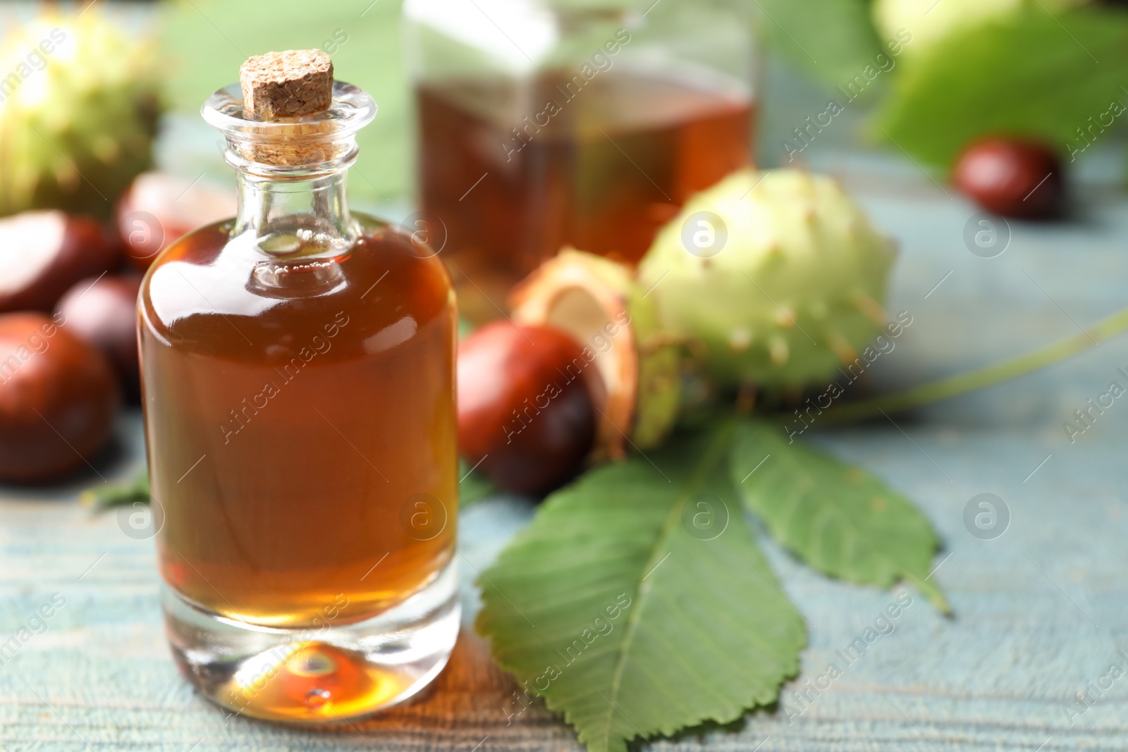 Photo of Chestnuts and bottle of essential oil on blue wooden table. Space for text