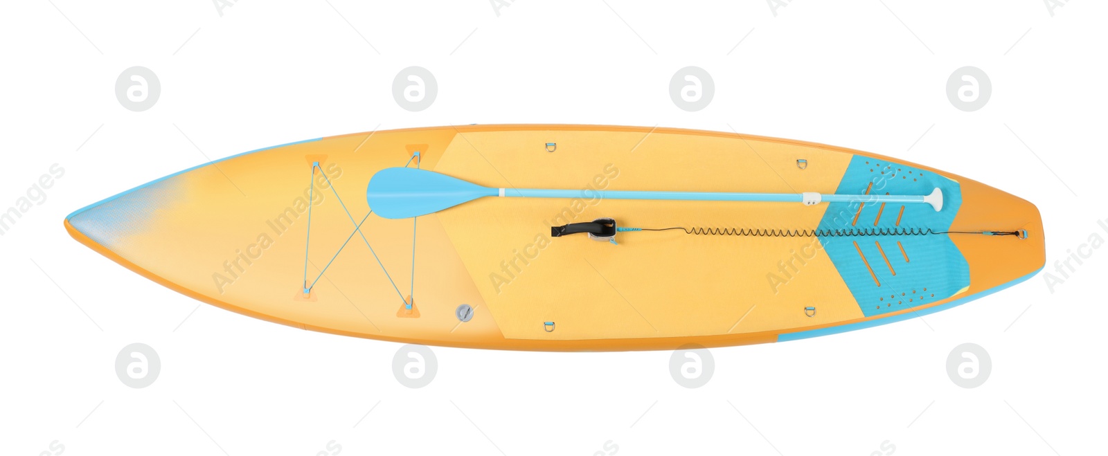 Photo of One SUP board isolated on white, top view. Water sport