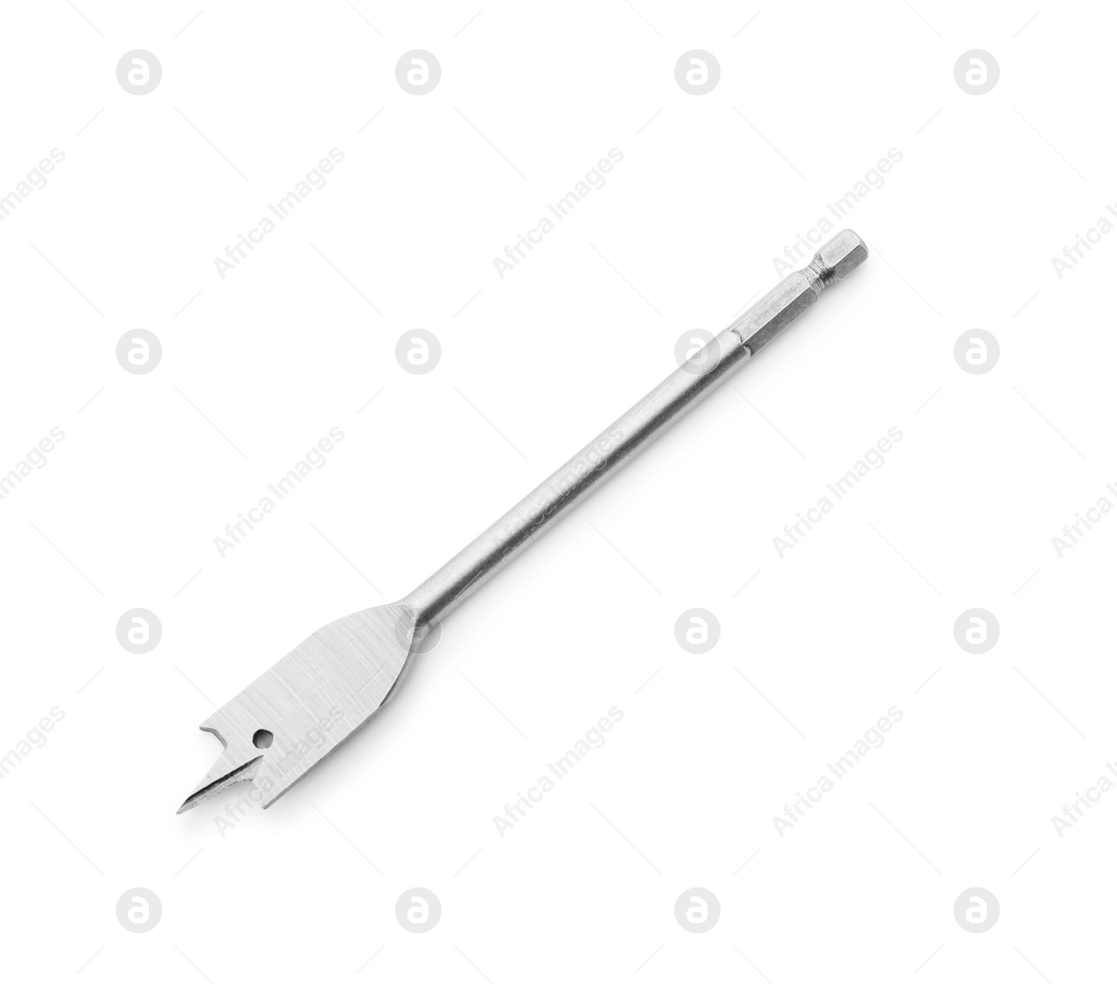 Photo of Spade drill bit isolated on white, top view. Carpenter's tool