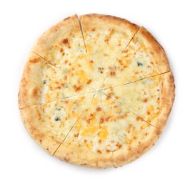 Photo of Delicious cheese pizza isolated on white, top view