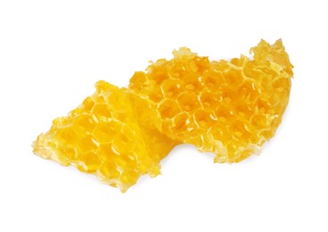 Pieces of natural honeycomb with tasty honey isolated on white, top view