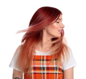 Young woman with bright dyed hair on white background