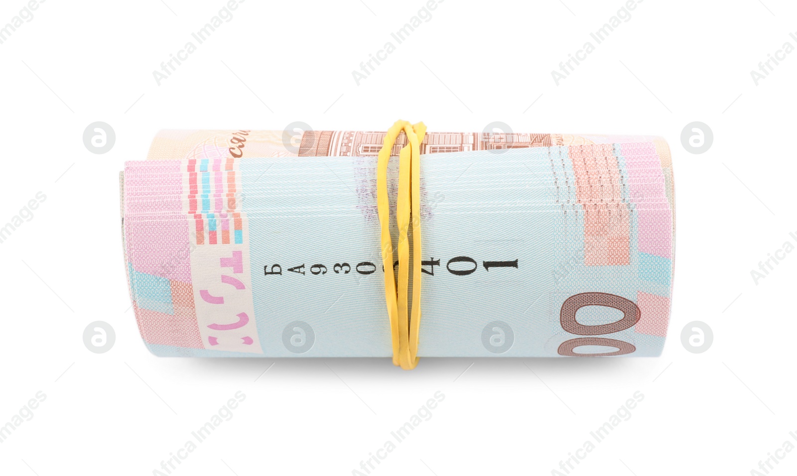 Photo of Roll of Ukrainian money on white background