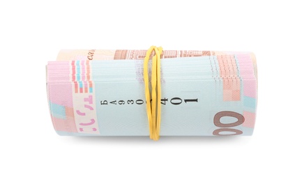 Photo of Roll of Ukrainian money on white background