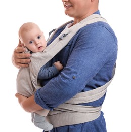 Father holding his child in baby carrier on white background, closeup