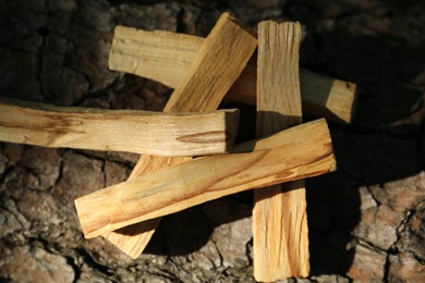 Photo of Palo santo sticks on tree bark, top view