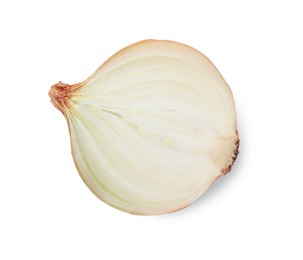 Photo of Half of fresh ripe onion isolated on white, top view
