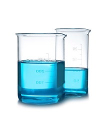Photo of Beakers with liquid on table against white background. Laboratory analysis