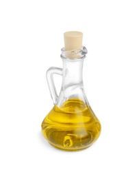 Photo of Glass jug of cooking oil isolated on white