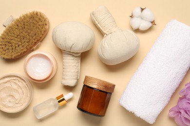 Photo of Bath accessories. Flat lay composition with personal care products on beige background