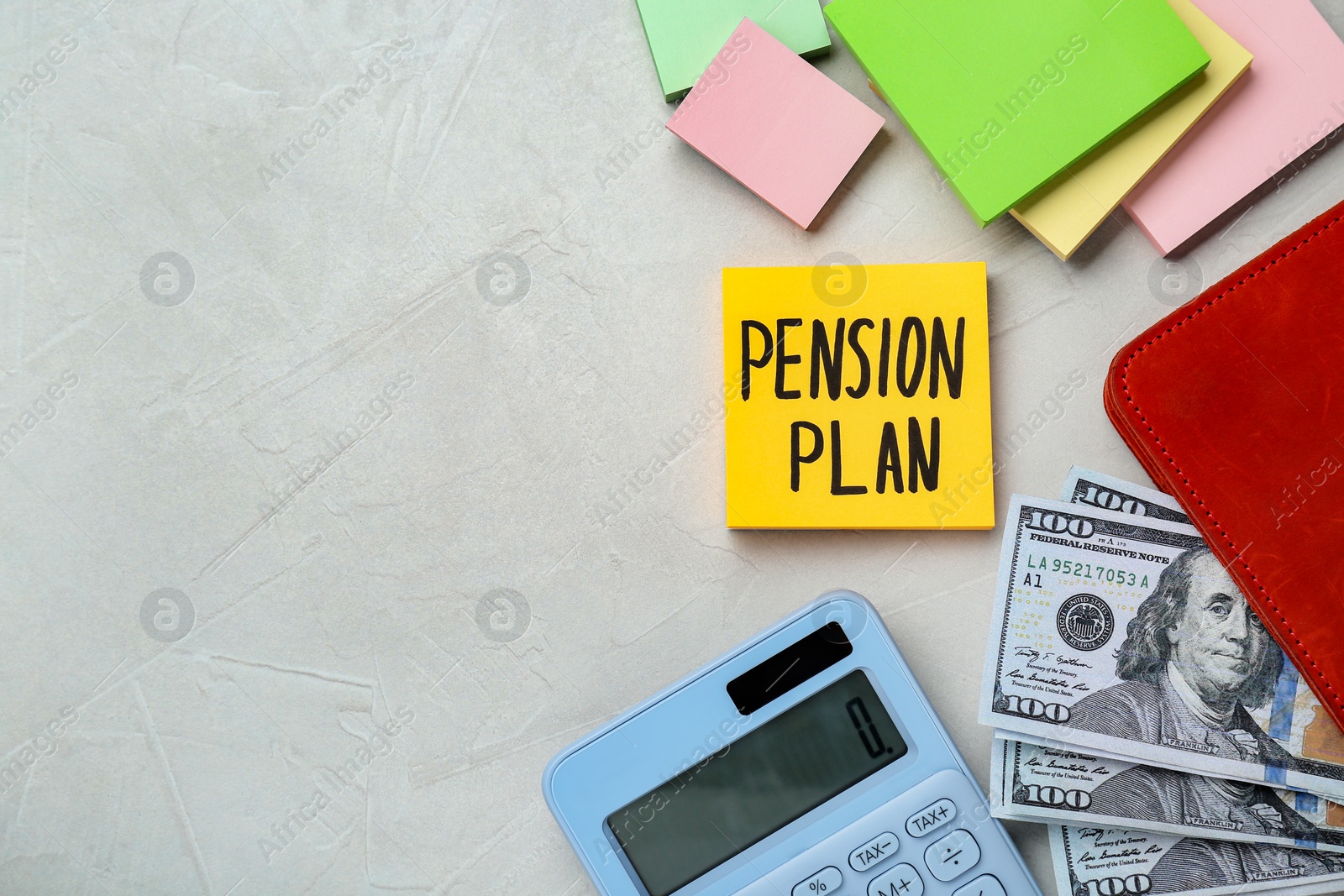 Photo of Note with words Pension Plan, banknotes and calculator on white office table, flat lay. Space for text