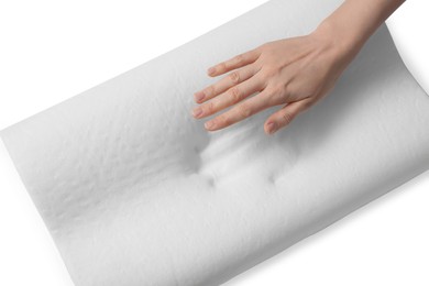 Woman with memory foam pillow on white background, closeup
