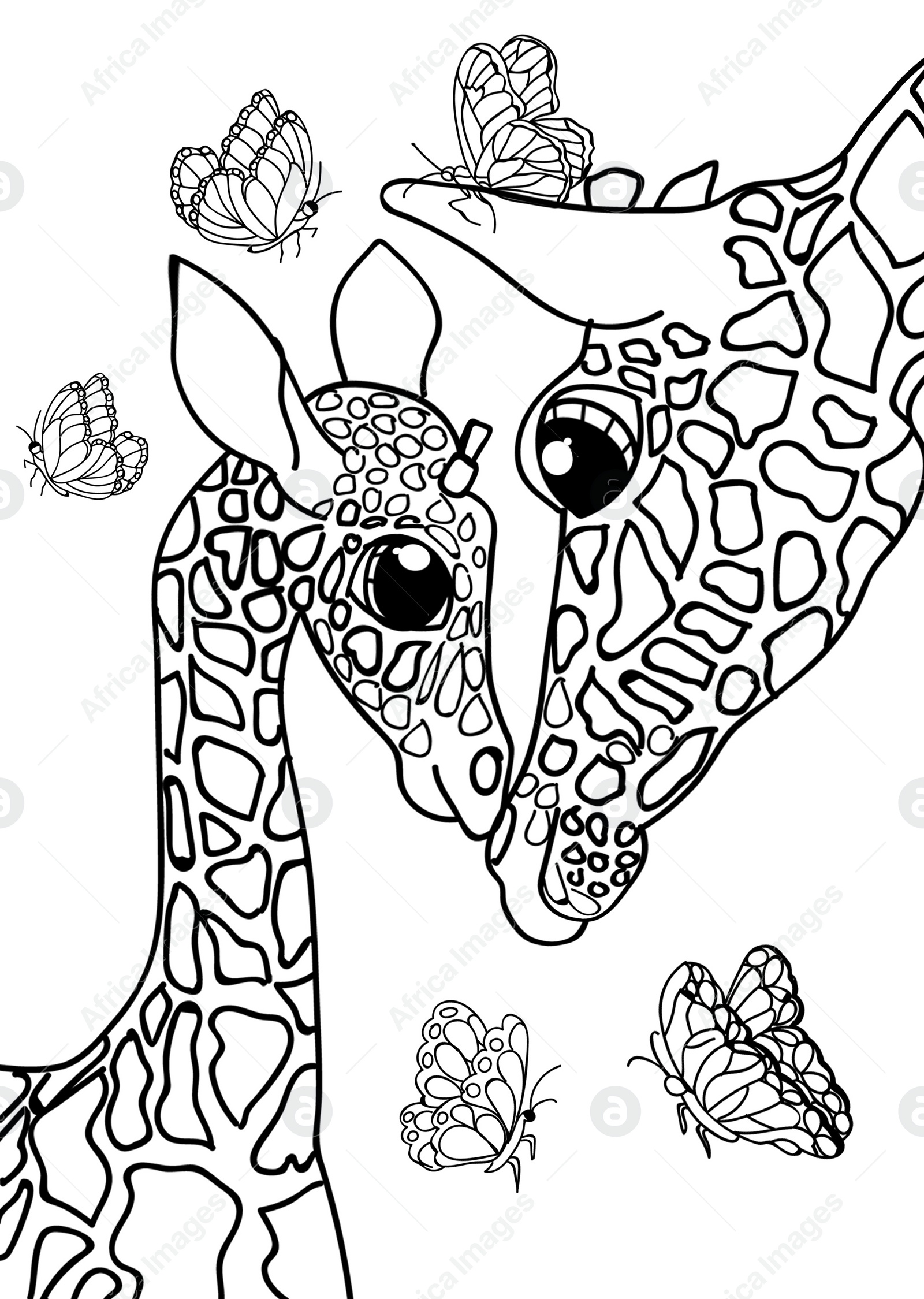 Image of Cute giraffes and butterflies on white background, illustration. Coloring page 