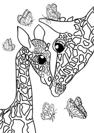 Cute giraffes and butterflies on white background, illustration. Coloring page 