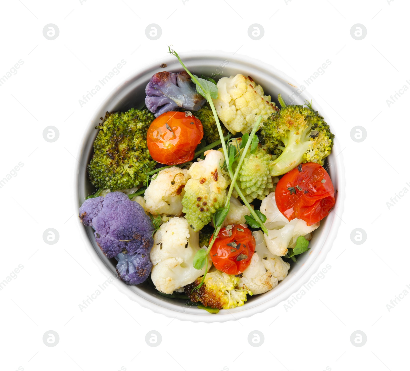 Photo of Delicious salad with cauliflower and tomato isolated on white, top view