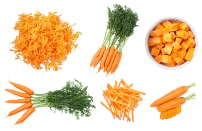 Image of Set with different fresh carrots on white background, top view