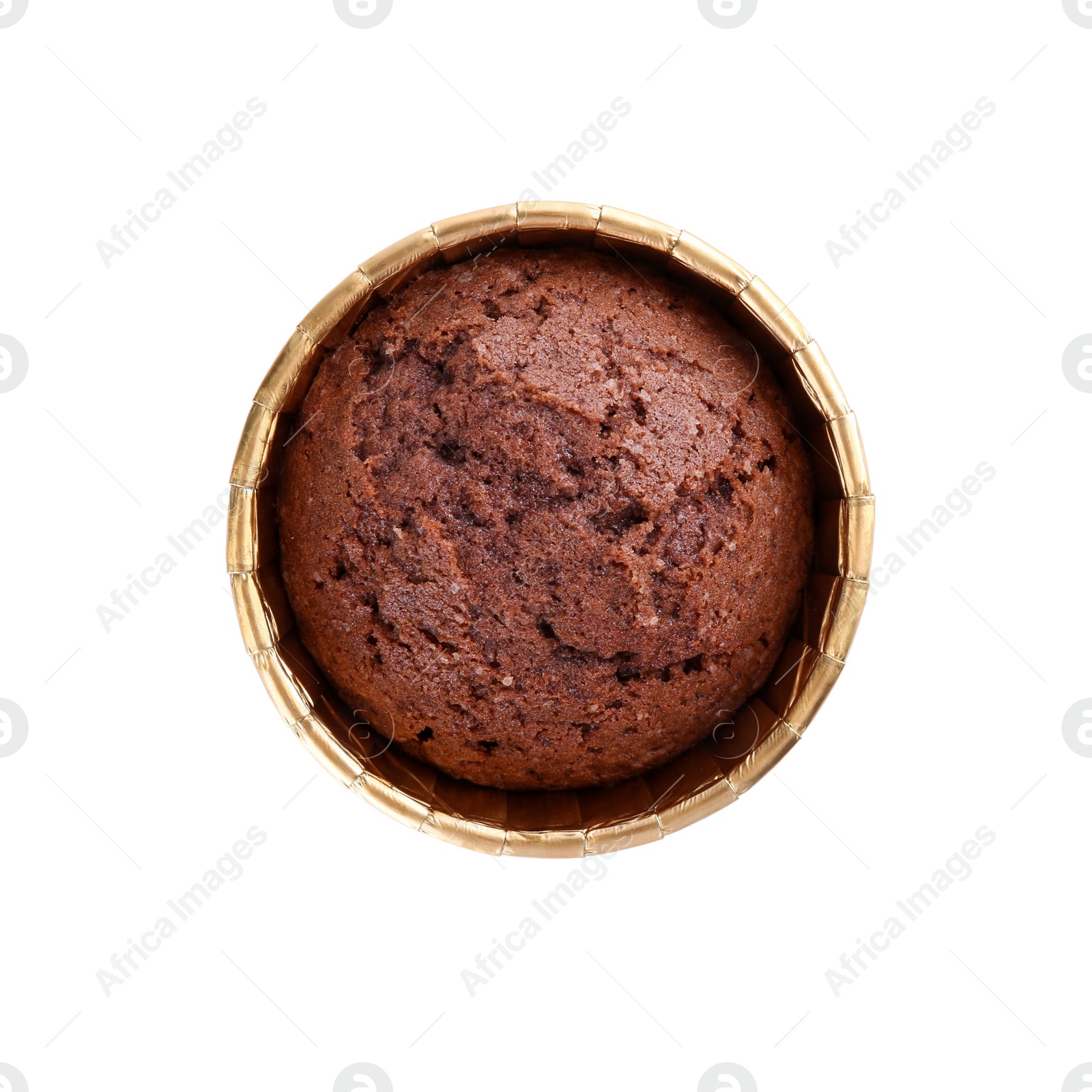 Photo of One delicious chocolate cupcake isolated on white, top view