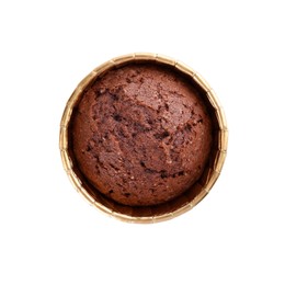 One delicious chocolate cupcake isolated on white, top view