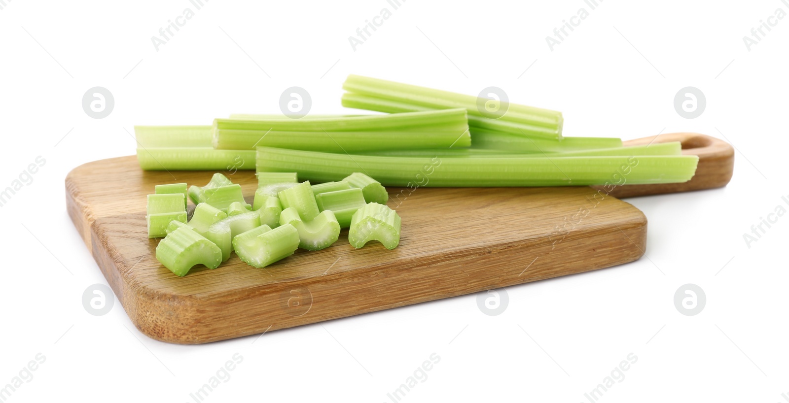 Photo of Fresh green celery stems isolated on white