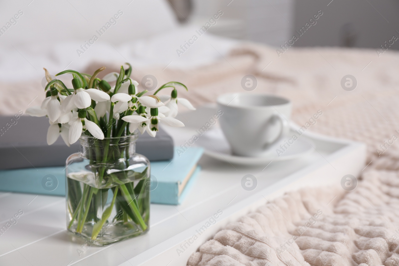 Photo of Beautiful snowdrops, books and cup of coffee on tray in bedroom. Space for text