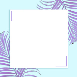 Blank card and colorful tropical leaves on light blue background, flat lay. Creative design
