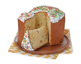 Photo of Traditional Easter cake with sprinkles on white background