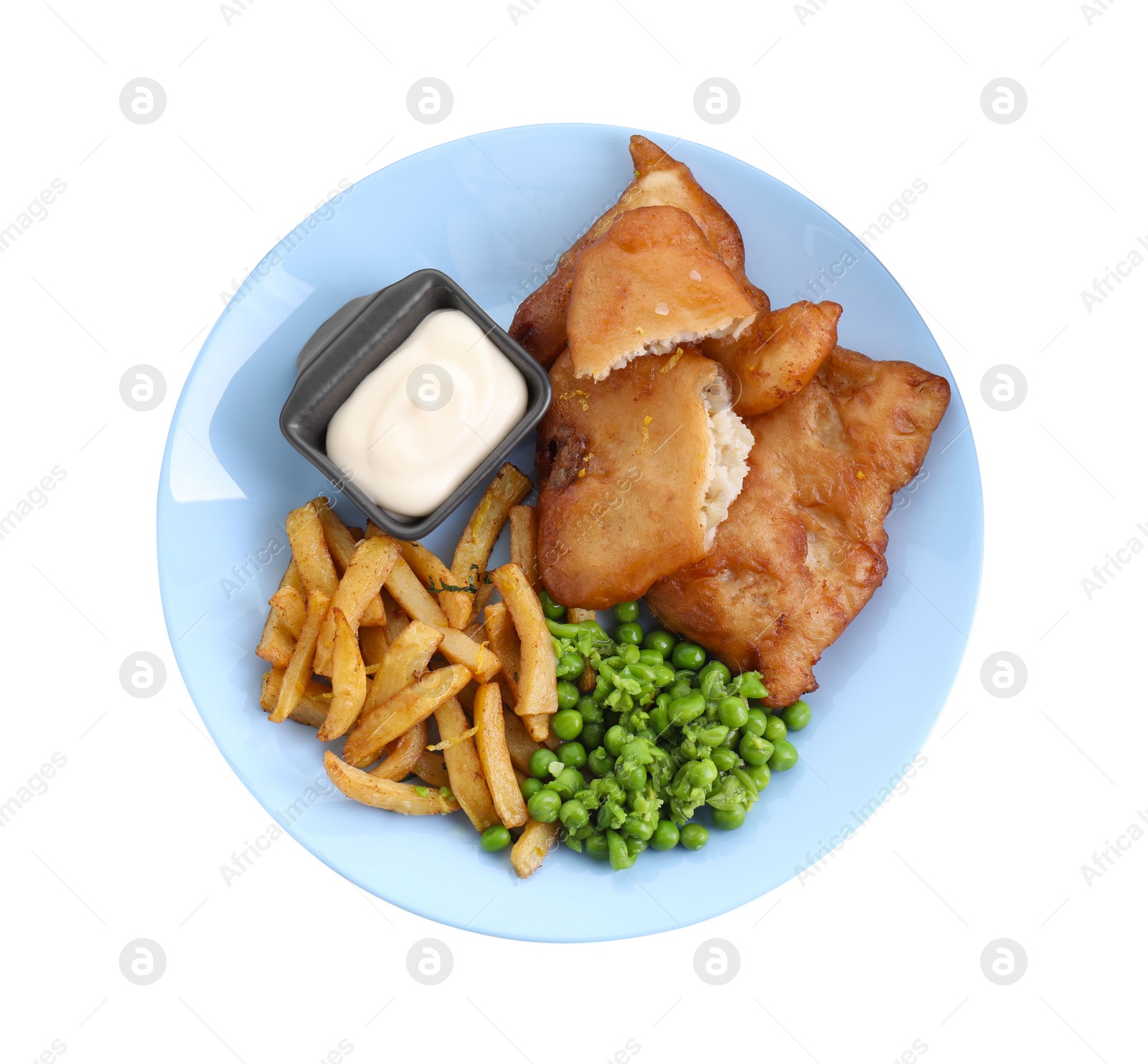 Photo of Tasty fish, chips, sauce and peas isolated on white, top view