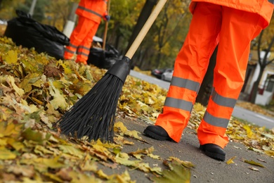 Street cleaners sweeping fallen leaves outdoors on autumn day, closeup