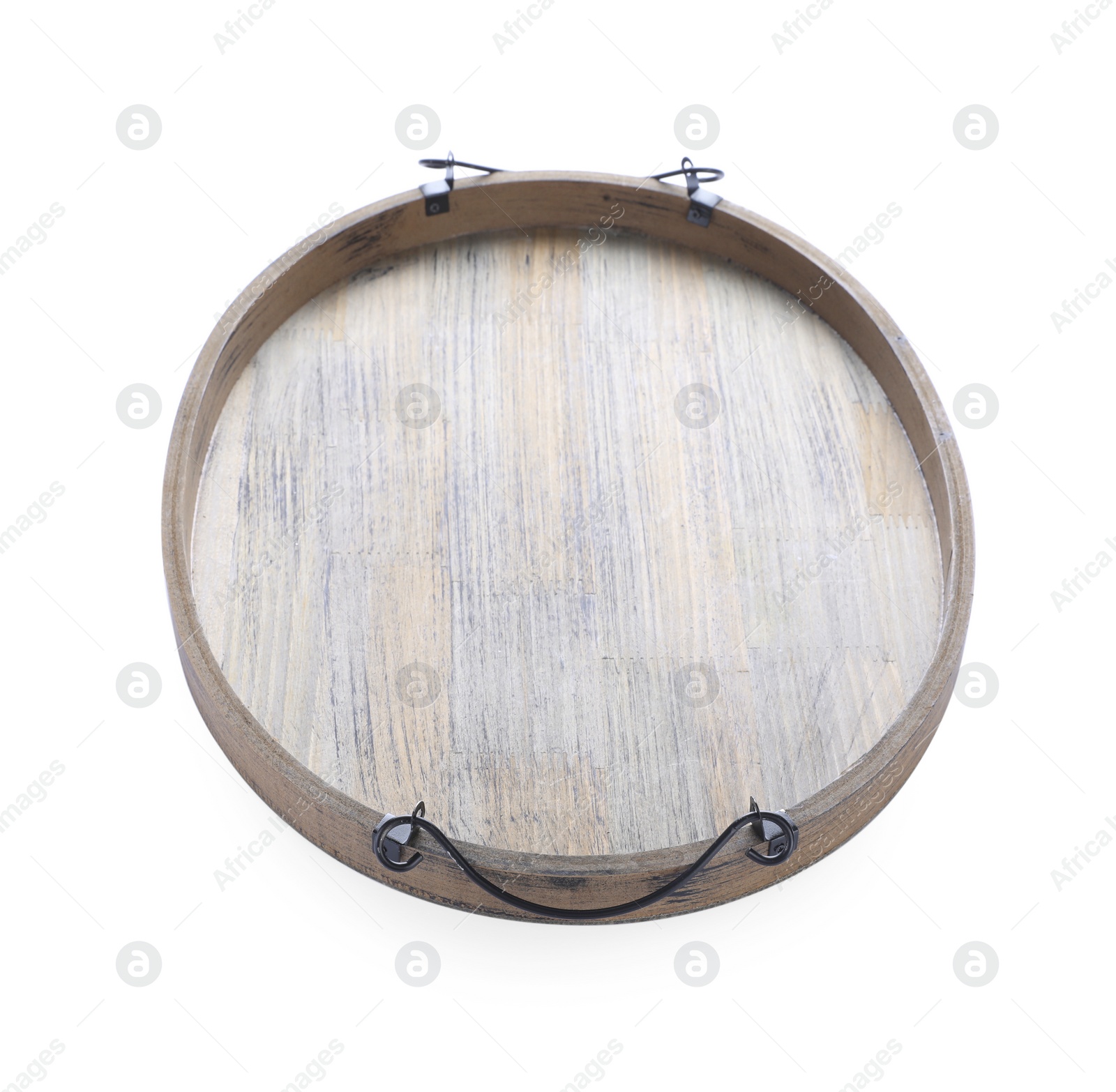 Photo of One empty wooden tray isolated on white