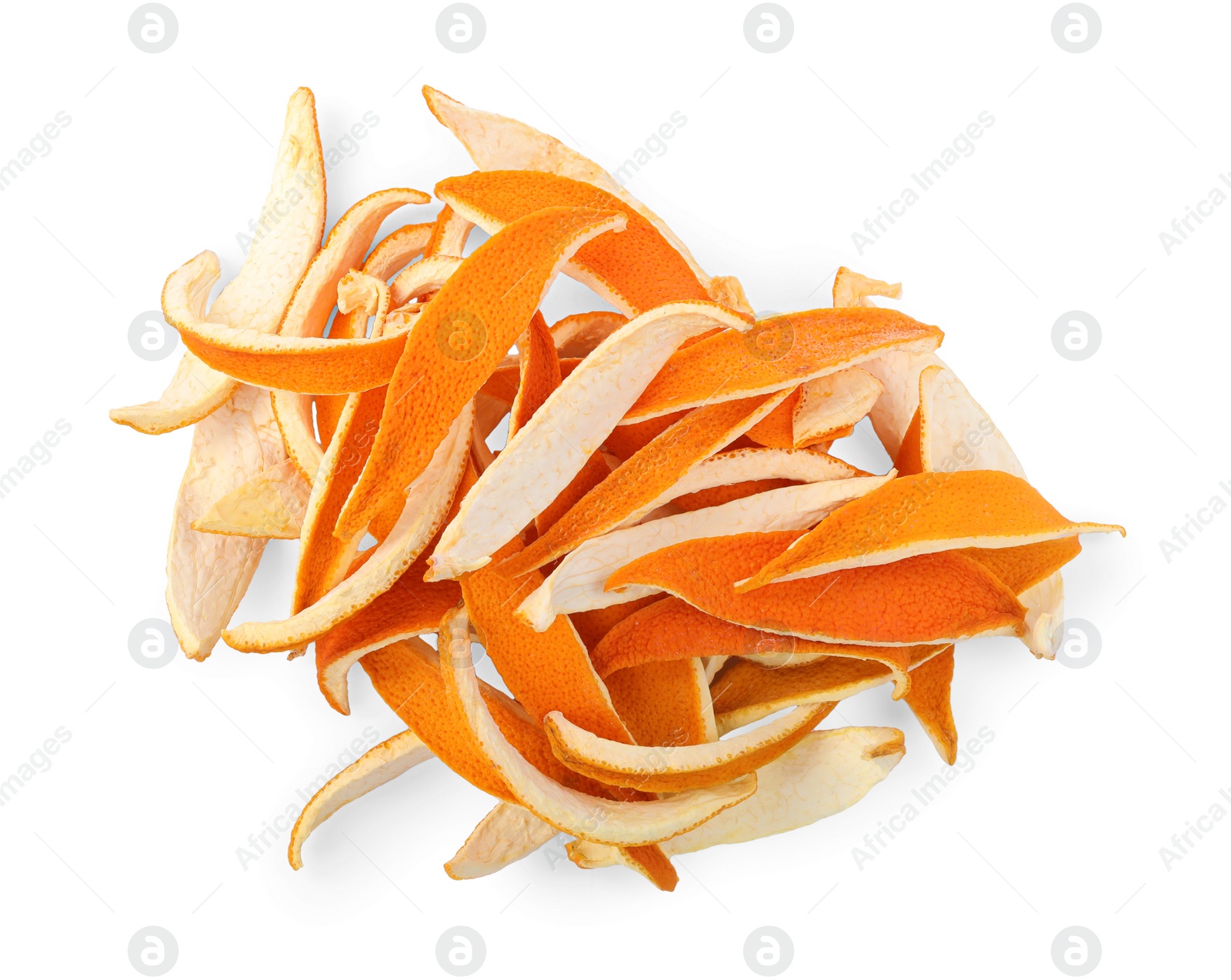 Photo of Pile of dry orange peels isolated on white, top view